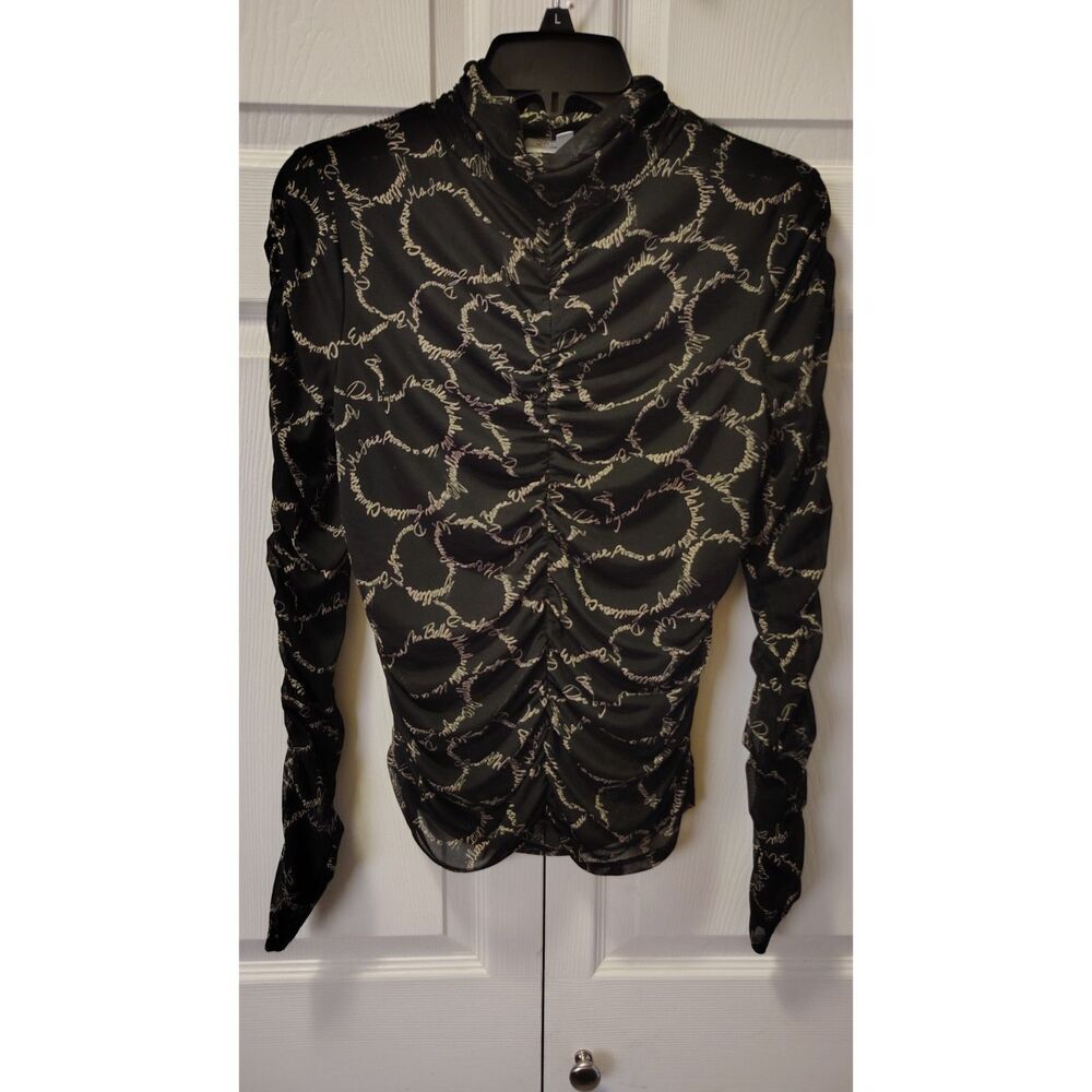Sweet Rain Ruched Black and Gold Mesh Mock-Neck Cinched Top Women’s XL